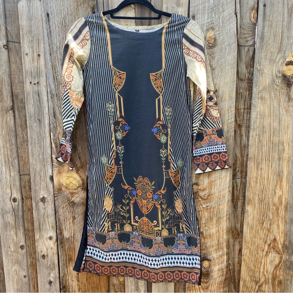 Boho tunic, earthy colors, black orange purple brown, floral, stripes, Small